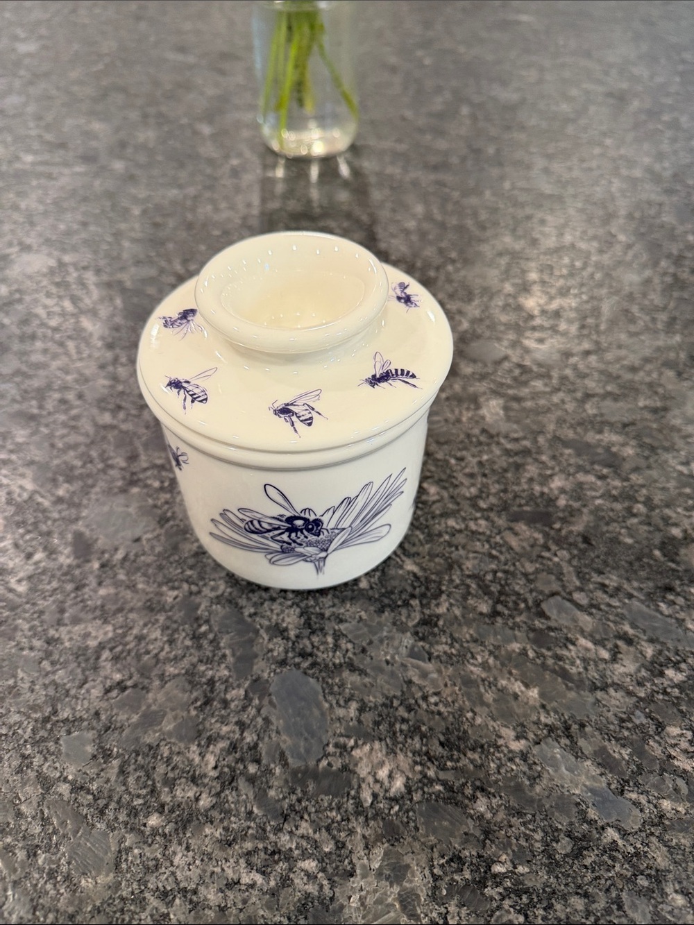 Blue and White Ceramic Bee Butter Bell Canister